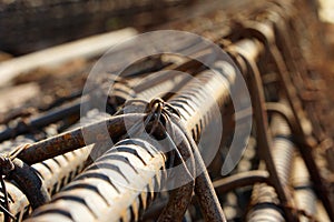 Deformed steel fastened with steel wire, Wire truss scheme for making beam structures. Construction rebar steel work reinforcement