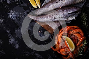 Defrosted prawns and hake fish on wet surface concept of seafood market advertising