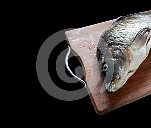 defrosting carp fish on wooden cutting board isolated on black background