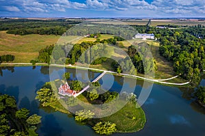 Deg, Hungary - Aerial panoramic view of the beautiful Holland house on a small island at the village of Deg with Festetics Palace photo