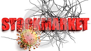 Degradation and stockmarket during covid pandemic, pictured as declining phrase stockmarket and a corona virus to symbolize