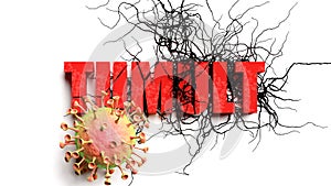 Degradation and tumult during covid pandemic, pictured as declining phrase tumult and a corona virus to symbolize current problems