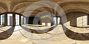 360 degree full panorama environment map of modern industrial design studio loft living room with big windows and photo