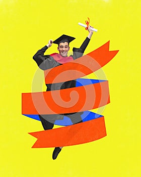 Degree graduation. Happy young man jumping holding diploma in gown with mortarboard and wrapped with drawn ribbon on
