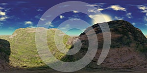 HDRI map, spherical environment panorama background with green hills, light source rendering 3d equirectangular rendering