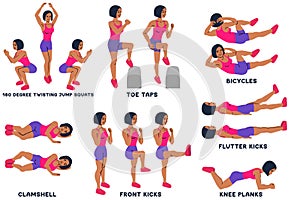 180 degree twisting jump squats. Toe taps. Bicycles. Clamshell. Front kicks. Knee planks. Sport exersice. Silhouettes of woman photo