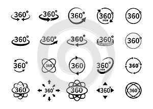 360 degree views of vector circle icons set isolated from the background. Signs with arrows to indicate the rotation or panoramas