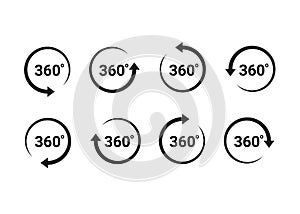 360 degrees arrow, rotate around set icon. Circle signs view with arrows rotation to 360 degrees. Rotate cycle, circular