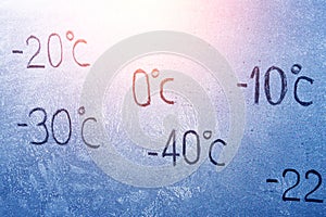 Degrees -10 -20 -30 - 40 0 Celsius number lettering on icy glass covered with ice and frost. The concept of extreme cold weather photo