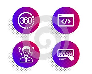 360 degrees, Seo script and Support consultant icons set. Computer keyboard sign. Vector