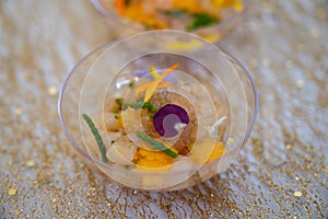 Degustation appetisers for visitors made by great chefs of high cuisine French restaurants, winter festival, Avenue de Champagne,