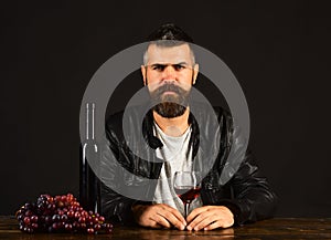 Degustator with calm face sits by wine bottle and grapes