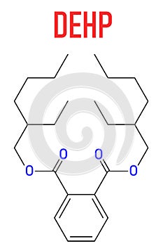 DEHP, diethylhexyl phthalate, dioctyl phthalate, DOP plasticizer molecule. Skeletal formula.