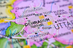 Dehradun on a map of India with blur effect