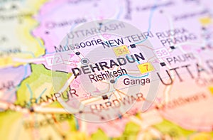 Dehradun on a map of India with blur effect