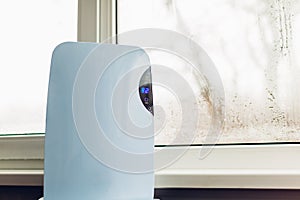 Dehumidifier with touch panel, humidity indicator, uv lamp, air ionizer, water container works by wet window in flat photo
