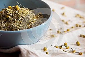 Dehydrated chamomile inside a round bowl