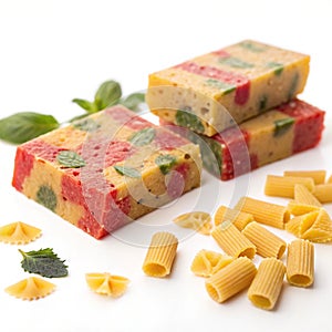 Dehydrated flavor block transforming pasta on white background