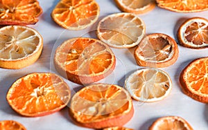 Dehydrated food. Top view with a lot of dried oranges and lemons.