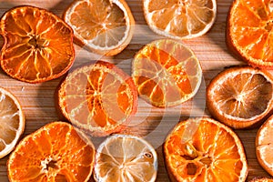 Dehydrated food. Top view with a lot of dried oranges and lemons