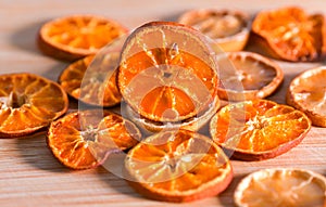 Dehydrated food. Top view with a lot of dried oranges and lemons