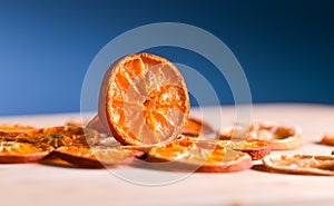 Dehydrated food. Top view with a lot of dried oranges and lemons