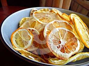 Dehydrated Orange Slices in Blue Bowl