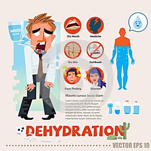 Dehydrated thirsty character with infographic. typographic and l