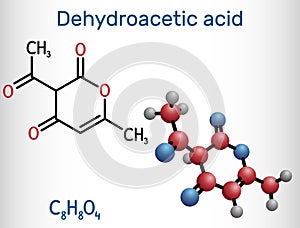 Dehydroacetic acid molecule. It is ketone, fungicide, antibacterial agent, plasticizer, E265. Structural chemical photo