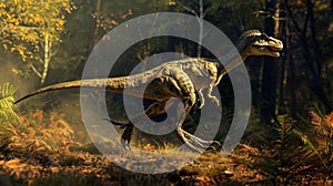 A Deinonychus emerges from the darkened forest its sleek and deadly frame ready to pounce on unsuspecting prey