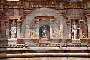 Deities, Southern niche of shrine wall, Airavatesvara Temple, Darasuram, Tamil Nadu. From left - Yama, Ganesha, Bhikshatana-murti.