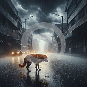 Dejected dog walks the streets in torrential rain