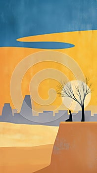 A dejected prophet sits under a withered tree, watching a distant city