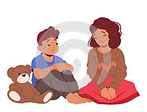 Dejected And Sorrowful Children Sitting On Floor Conveying Sense Of Emotional Distress And Unhappiness. Sad Boy and Girl