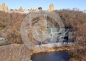 The Delacorte Theater in Central Park viewed from the observation deck of the Belvedere Castle.