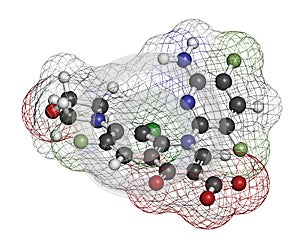 Delafloxacin antibiotic drug molecule (fluoroquinolone class). 3D rendering. Atoms are represented as spheres with conventional