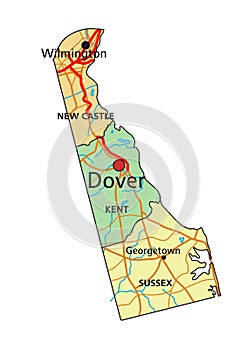 Delaware - detailed editable political map with labeling.