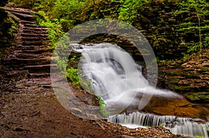 Delaware Falls and stairs along the Falls Trail in Ganoga Glen, Ricketts Glen State Park