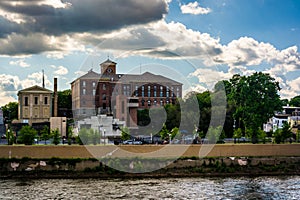 The Delaware River and buildings in Easton, Pennsylvania.