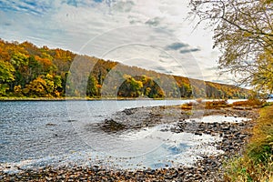 Delaware River near Dingmans Ferry Bridge in the Poconos Mountains, Pennsylvania, USA.