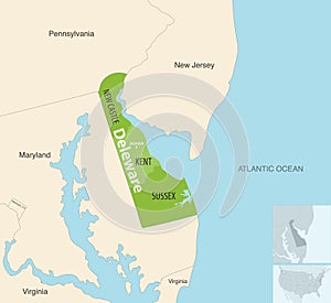 Delaware state counties vector map with neighbouring states and terrotories