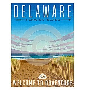 Delaware travel poster of serene beach and Atlantic ocean.