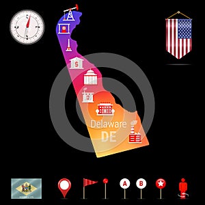 Delaware Vector Map, Night View. Compass Icon, Map Navigation Elements. Pennant Flag of the USA. Industries Icons