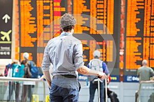 Delay of flight, people passengers waiting in airport