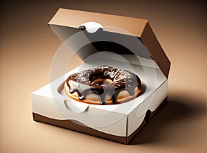 A delcious chocolate covered donut with sprinkles in a box on a beige background. Created with Generative AI