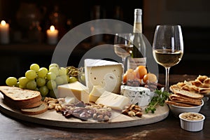 Delectable Appetizers, Artisanal Cheese Platter, Fresh Grapes, and a Glass of Crisp White Wine