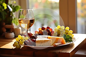 Delectable Appetizers, Artisanal Cheese Platter, Fresh Grapes, and a Glass of Crisp White Wine