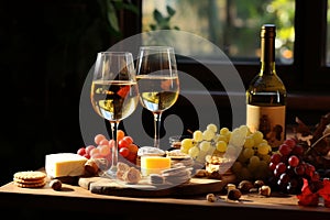 Delectable Appetizers, Artisanal Cheese Platter, Fresh Grapes, and a Glass of Crisp White Wine