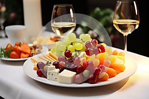 Delectable Appetizers, Artisanal Cheese Platter, Fresh Grapes, and a Glass of Crisp White Wine