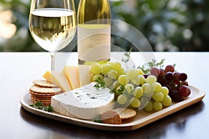 Delectable Appetizers, Artisanal Cheese Platter, Fresh Grapes, and a Glass of Crisp White Wine